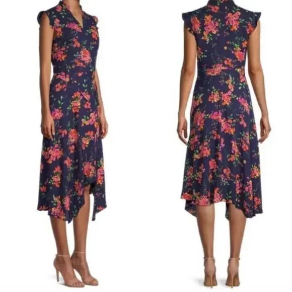 Nanette Lepore Floral Chiffon Dress Size 10 Ruffle Sleeveless Summer Navy NEW - Picture 2 of 8